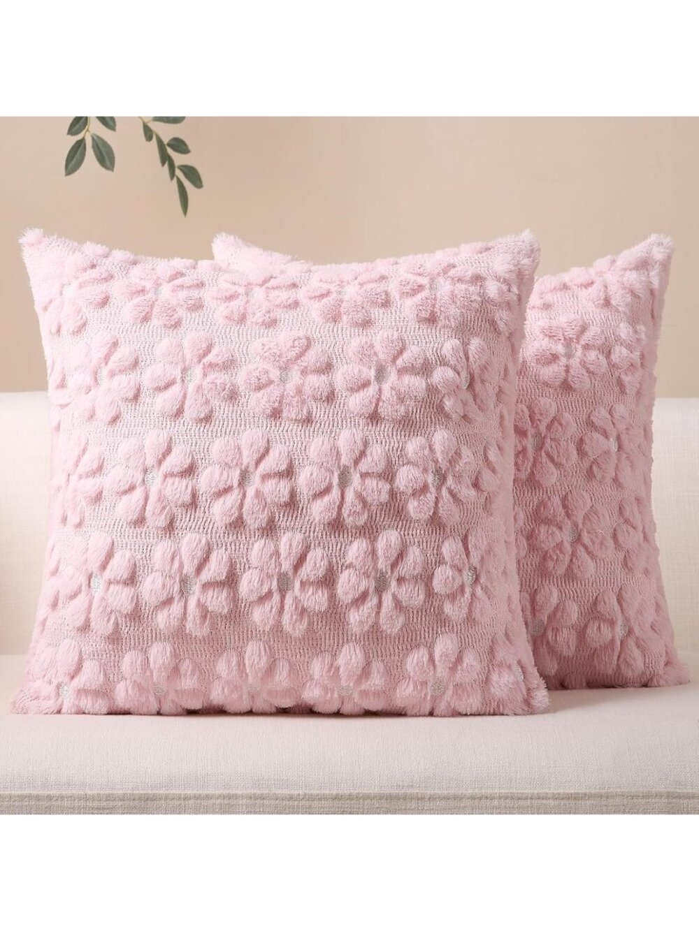 〽️Unisex Pink Farmhouse Floral Daisy Faux Fur Couch Sofa Decorative Pillow Case
